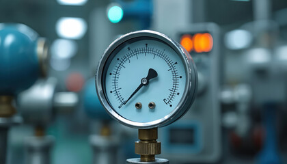 Pressure gauge shows current level. Close view of industrial tool to show pressure. System control indicators. Instrument measures level of technical parameters. Machine shows sensor readings data.