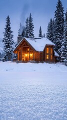Cozy Wooden Cabin Surrounded by Snowy Forest Landscape at Twilight