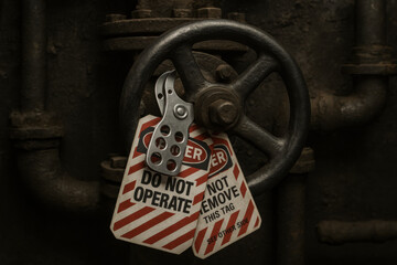 Close up of an industrial valve wheel with danger tag and lockout hasp. This gritty mechanical hazard isolation shows serious safety procedure in dark environment