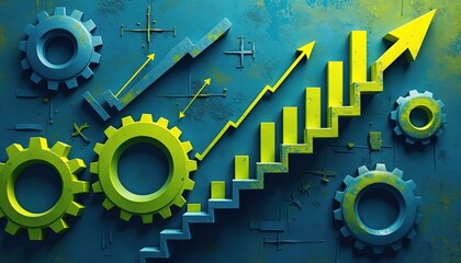 Illustration agile process advancement using gears, upward trend lines in blue, green hues. Gears symbolize teamwork, machinery graph shows growth, improvement. Graphic represents efficient workflow,