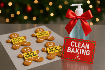 Humorous Christmas baking scene with gingerbread cookie under safety inspection. clean holiday concept shows food safety with warning card and sanitizer bottle on metal counter