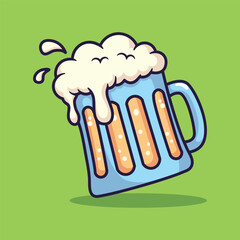 Cute Vector Illustration of a Frothy Beer Mug with Blue and Orange Stripes on Light Green Background