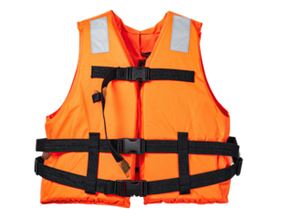 Orange life jacket with black straps and buckles