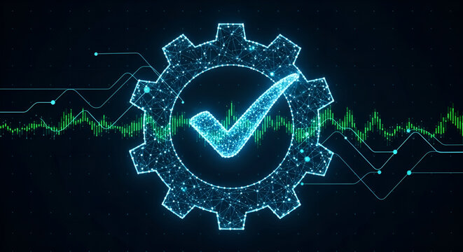 Futuristic digital quality assurance concept with glowing polygonal gear and checkmark symbolizing efficiency, verification, and successful process completion in a high-tech environment
