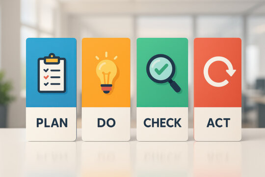 PDCA plan do check act business concept. professional management method showing quality improvement cycle with icons on cards for clear, organized workflow