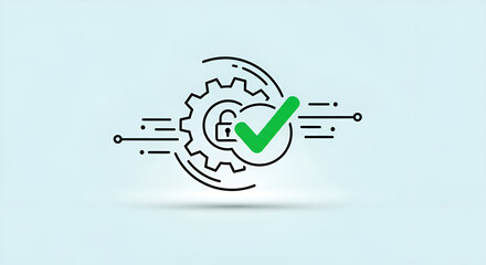Secure system validation confirmed an icon featuring a gear with a padlock and a green checkmark, symbolizing successful data protection, privacy verification, and process completion