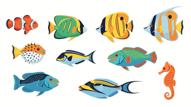 Colorful assortment of tropical fish species illustration in vibrant vector art showcasing