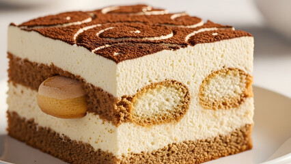 A delicious square slice of classic Italian tiramisu dessert.