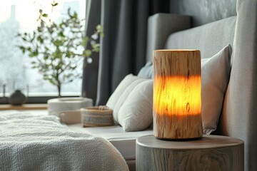 Natural log lampshade near bed. Rustic interior design of modern bedroom, Generative AI