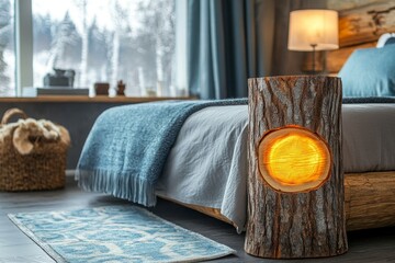 Natural log lampshade near bed. Rustic interior design of modern bedroom, Generative AI