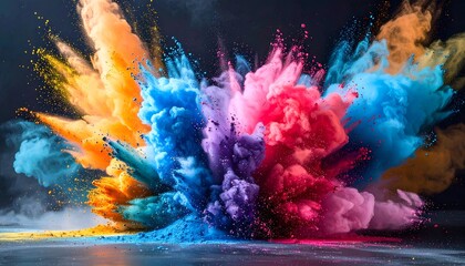 Obraz premium Vibrant explosion of colored powder clouds against a dark background, dynamic & vivid