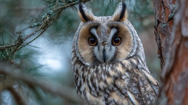 Long eared owl perched on a tree branch in a forest during early morning light with a soft focus on the background of green pine needles - Powered by Adobe