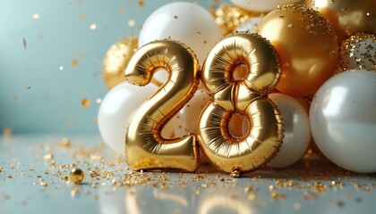 Golden balloons form number 28, surrounded by white, gold spheres, confetti. Celebratory arrangement signifies special milestone event with festive, elegant vibe. Perfect for birthdays anniversaries.