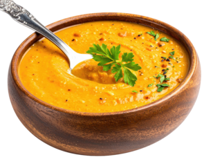 Orange soup in wooden bowl, spoon, parsley garnish