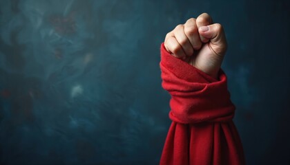 Female hand clenches in fist. Red fabric wraps arm symbolizing strength, resistance against violence. Represents protest, solidarity, female empowerment in difficult times. Fight for rights, safety.