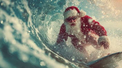 Naklejka premium Santa Claus surfs a big wave in the ocean while wearing his full Christmas outfit under the bright sunlight