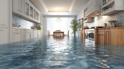 Flooded kitchen floor caused by water leak resulting in property damage during a recent incident