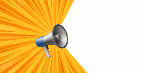 Realistic megaphone on bright orange radial burst background, symbolizing announcement, alert, and promotion. Perfect for advertising banners, marketing campaigns, sale posters, and communication