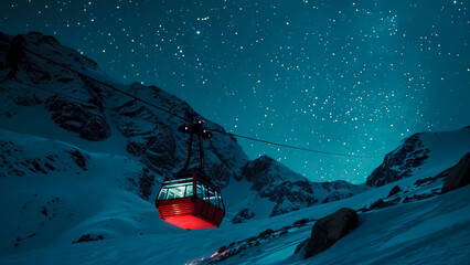 A Red Cable Car Ascending The Snowy Mountain on a Starry Night. Winter Travel, Scenic Transport, Starry Sky.