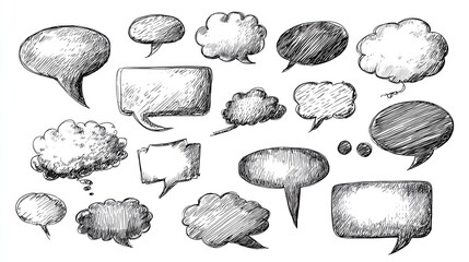 Various hand drawn speech and thought bubbles designed for creative expression and communication in artwork or illustrations