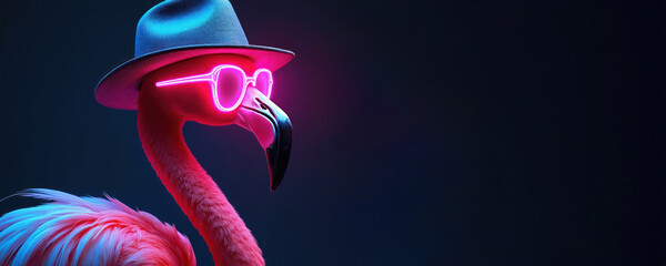 Illustration features neon flamingo wearing hat glasses. Pink bird stands out against dark backdrop. Flamingo in futuristic style is unique digital art.