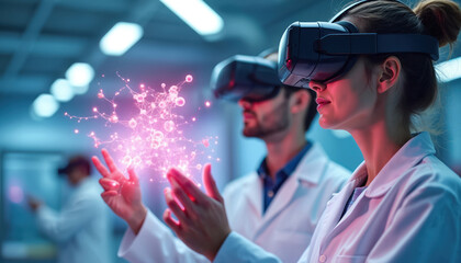 Scientists wear VR headsets manipulating 3D molecular structure in lab. Researchers work with digital hologram visualizing atoms for drug discovery. Future medicine research in science studio.