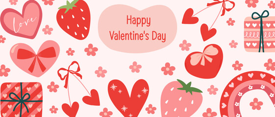 Valentine's Day banner illustration with hearts, strawberries, and gifts. Cute design for a greeting card or romantic holiday.