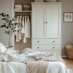 White wooden wardrobe in scandinavian style interior design of modern bedroom, Generative AI
