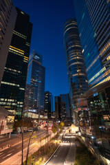 La defense modern cityscape at twilight with illuminated skyscrapers