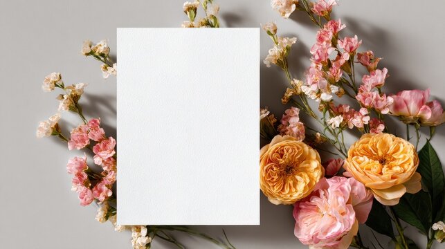 Elegant bouquet of pink and peach flowers with a blank card on a neutral background for special occasions