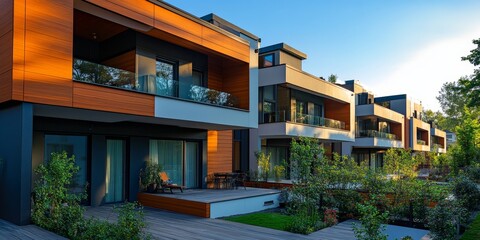 Modern modular private townhouses. Residential architecture exterior, Generative AI