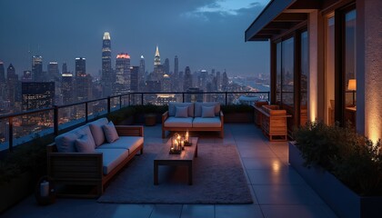 Fototapeta premium City skyline photo. Night view of a modern urban city with illuminated skyscrapers buildings. Rooftop terrace with furniture for leisure. Luxury apartment design concept at dusk.