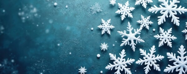 White snow flakes on blue backdrop. Winter holiday themed design, abstract textured festive template. Calm cool pattern for Christmas season designs, art projects. Visual for seasonal promotions