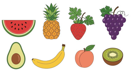Fresh and Colorful Assortment of Cartoon Fruits: Watermelon, Pineapple, and More