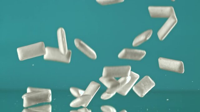 Chewing gum falls on the table. Filmed on a high-speed camera at 1000 fps. High quality FullHD footage