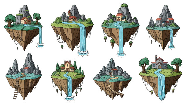 Floating fantasy islands with waterfalls, houses and mountains create an imaginative and whimsical