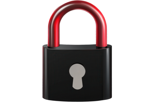 Sleek black padlock with red shackle stands alone, showcasing its modern design ideal for securing personal items and enhancing safety in various locations and situations