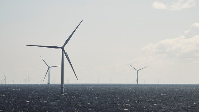 Offshore wind farm - wind turbines above surface of ocean, Baltic Sea, Germany

