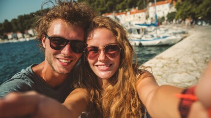 Happy couple enjoying a sunny day by the water while taking a selfie with a smartphone in a beautiful coastal town