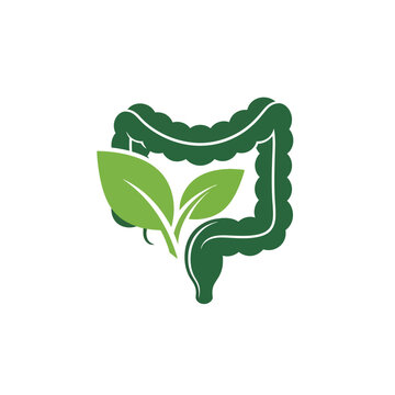 Green intestine icon with leaves representing gut health and organic wellness