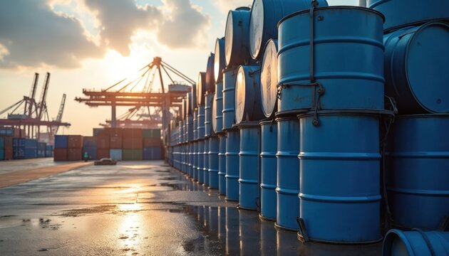 Blue oil drums stack in port. Barrels with petroleum for shipment. Marine industrial zone with containers cargo cranes. Oil petroleum industry logistic stock. Sunrise with barrel row reflecting on
