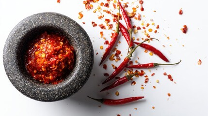 Spicy red chili sauce prepared in a mortar with fresh red chilies scattered around