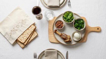 Jewish Passover holiday background. Pesah celebration, Top view, flat lay. Copy space