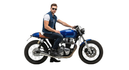 handsome caucasian man, early 30s, in aviators and denim vest posing on a cobalt blue cafe racer motorcycle against a bright white studio background. concept of masculine freedom and style