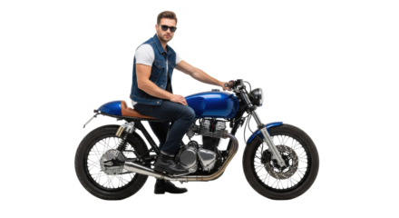 handsome caucasian man, early 30s, in aviators and denim vest posing on a cobalt blue cafe racer motorcycle against a bright white studio background. concept of masculine freedom and style