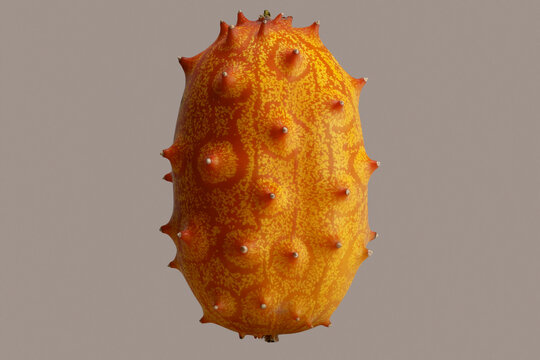Close up of vibrant yellow and orange horned melon floating against gray background
