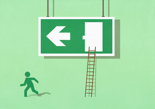 Green figure escaping from exit sign, running away on green background
