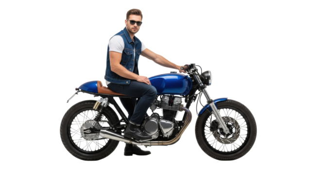 handsome caucasian man, early 30s, in aviators and denim vest posing on a cobalt blue cafe racer motorcycle against a bright white studio background. concept of masculine freedom and style