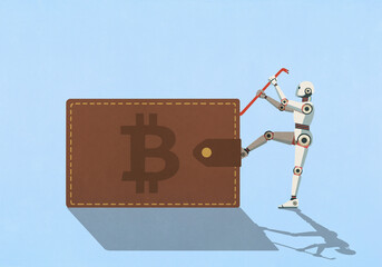 Humanoid robot with crowbar attempting to pry open large Bitcoin wallet
