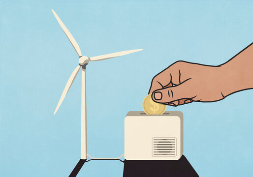 Hand depositing American dollar coin into wind turbine
